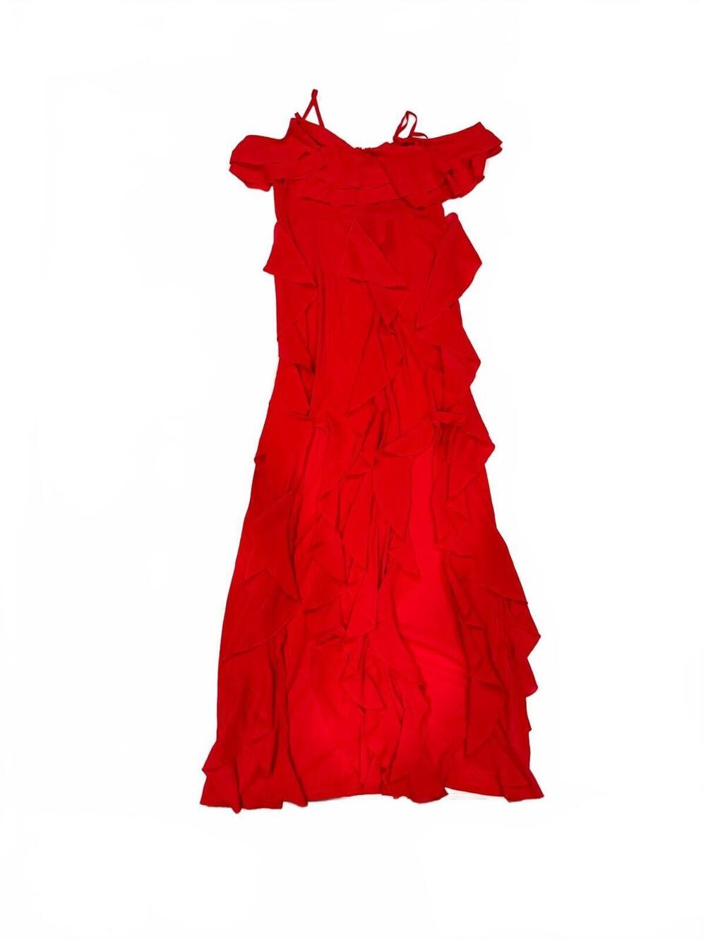 NWT PrettyLittleThing Red Cold Shoulder Ruffle Maxi Dress Size 8 - Picture 2 of 9